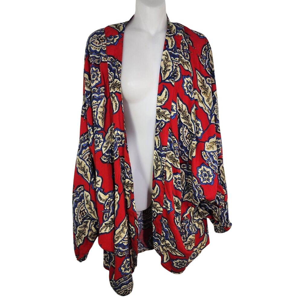 Maurices Cardigan Women Size L/XL Floral Kimono Sleeve Red Blue Leaf Open Front